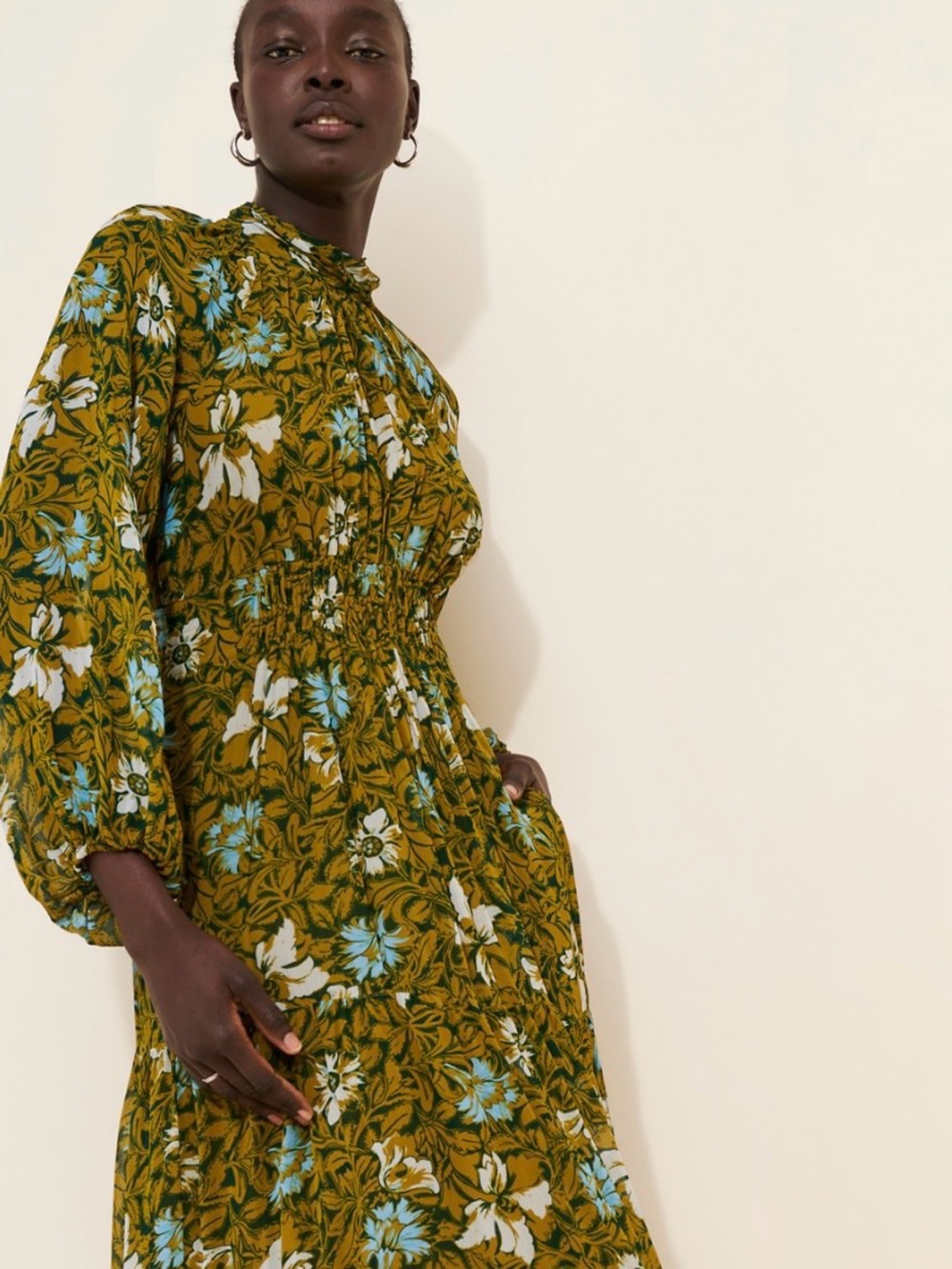 Anthropologie Floral Olive Green Chiffon Maxi